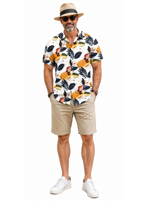 Men Tropical Plant Print Camp Collar Short Sleeve Hawaiian Shirt