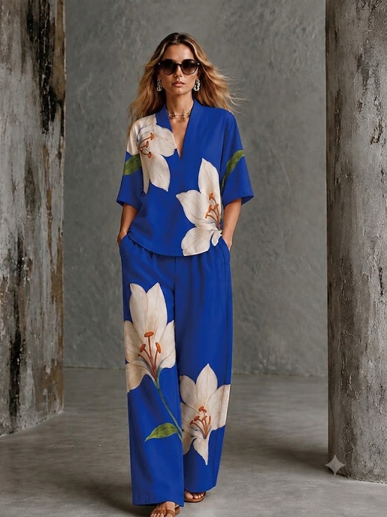 Women's Shirt Cotton Linen Sets Pants Sets Short Sleeve V Neck Floral Graphic Geometric Print Vacation Fashion Streetwear Casual Daily Outdoor Blue White Navy Blue Spring & Summer Loose Fit