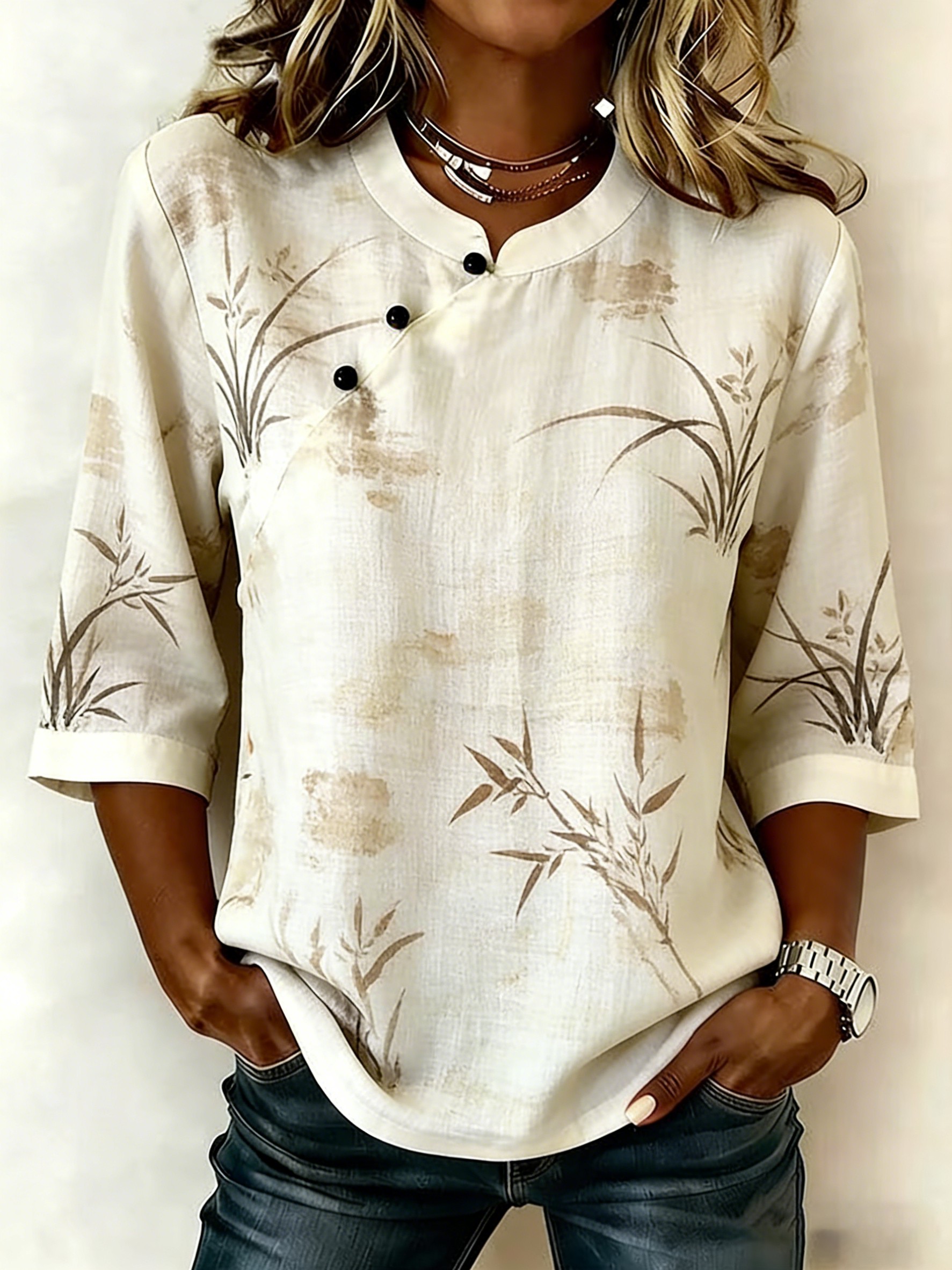 Women's Casual embroidered cotton and linen top