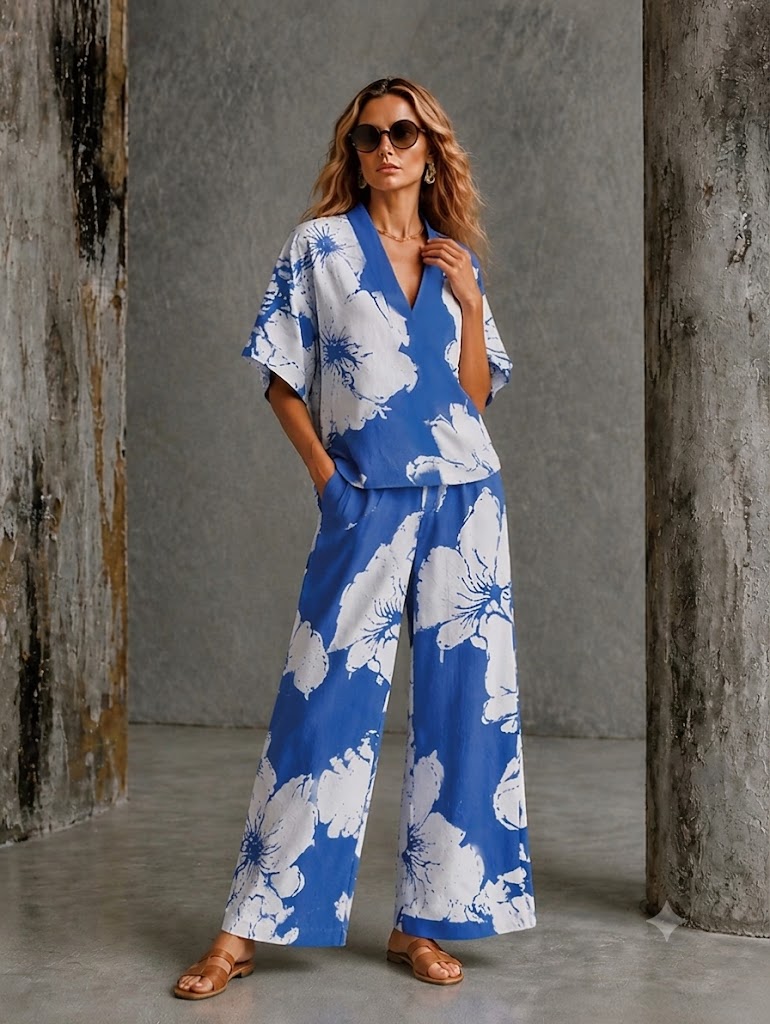 Women's Shirt Cotton Linen Sets Pants Sets Short Sleeve V Neck Floral Graphic Geometric Print Vacation Fashion Streetwear Casual Daily Outdoor Blue White Navy Blue Spring & Summer Loose Fit