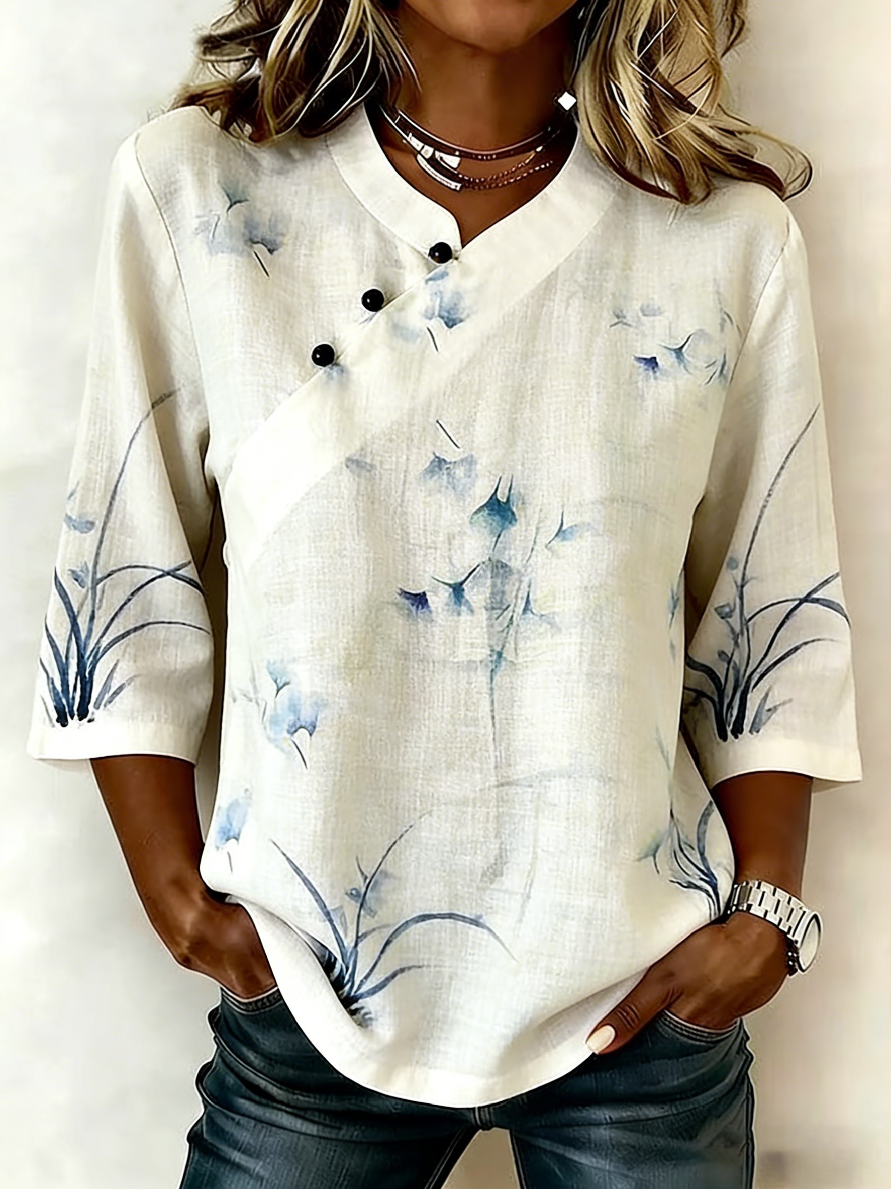 Women's Casual embroidered cotton and linen top