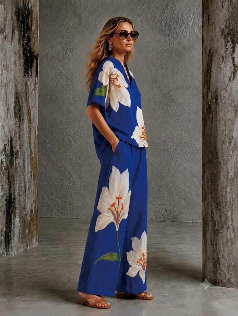 Women's Shirt Cotton Linen Sets Pants Sets Short Sleeve V Neck Floral Graphic Geometric Print Vacation Fashion Streetwear Casual Daily Outdoor Blue White Navy Blue Spring & Summer Loose Fit