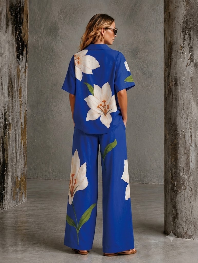 Women's Shirt Cotton Linen Sets Pants Sets Short Sleeve V Neck Floral Graphic Geometric Print Vacation Fashion Streetwear Casual Daily Outdoor Blue White Navy Blue Spring & Summer Loose Fit