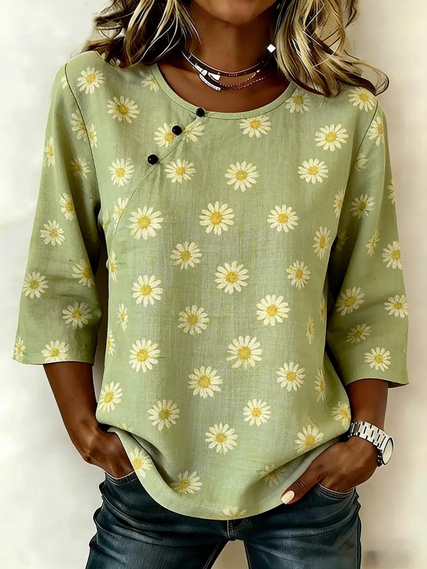 Women's Casual embroidered cotton and linen top