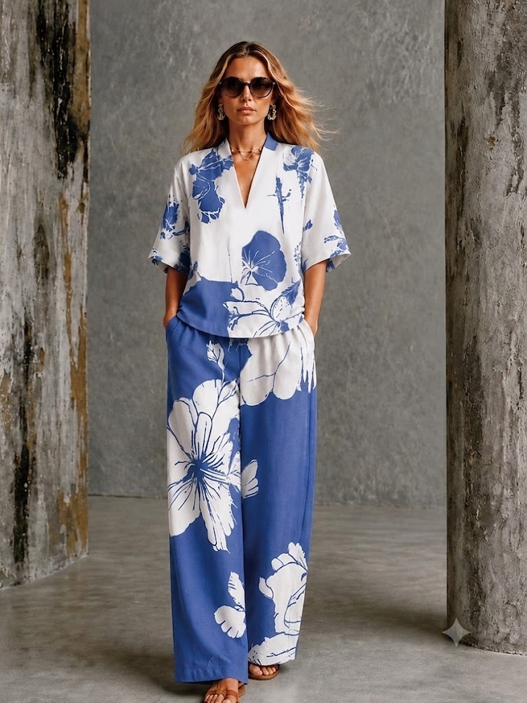 Women's Shirt Cotton Linen Sets Pants Sets Short Sleeve V Neck Floral Graphic Geometric Print Vacation Fashion Streetwear Casual Daily Outdoor Blue White Navy Blue Spring & Summer Loose Fit
