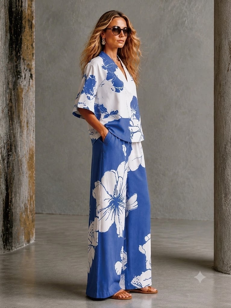 Women's Shirt Cotton Linen Sets Pants Sets Short Sleeve V Neck Floral Graphic Geometric Print Vacation Fashion Streetwear Casual Daily Outdoor Blue White Navy Blue Spring & Summer Loose Fit