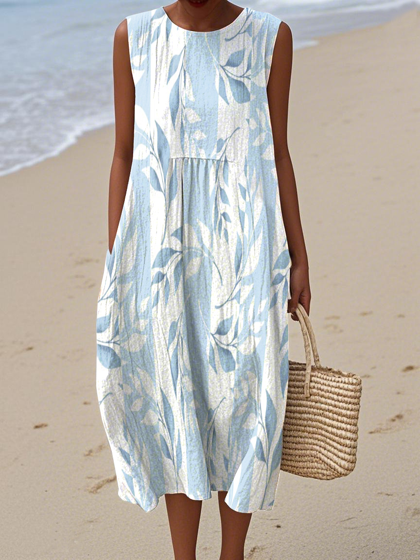 Women's Vintage Abstract Geometry Art Print Sleeveless Cotton Pocket Wrap Dress