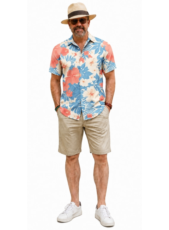 Men Tropical Plant Print Camp Collar Short Sleeve Hawaiian Shirt