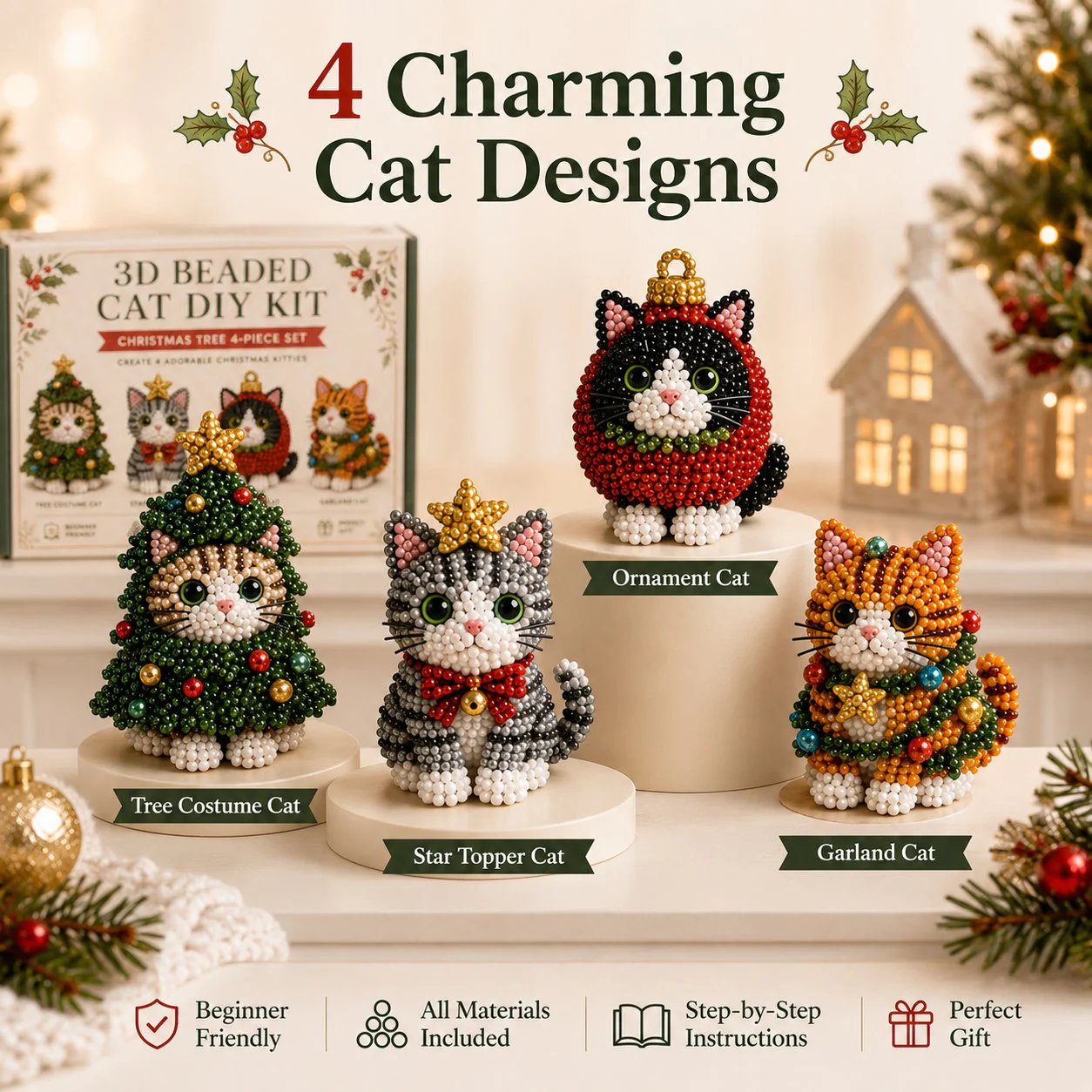 🐱✨ Create Your Own 3D Beaded Christmas Cats | Beginner-Friendly DIY Kit