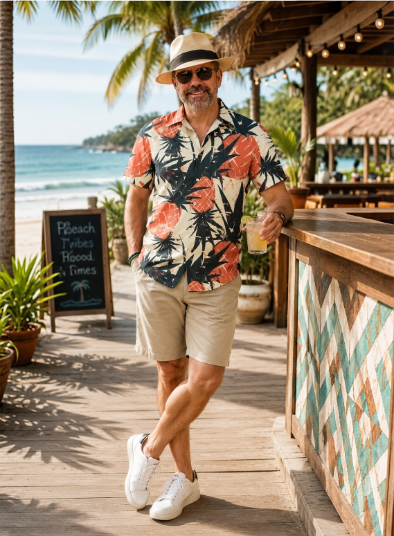 Men Tropical Plant Print Camp Collar Short Sleeve Hawaiian Shirt