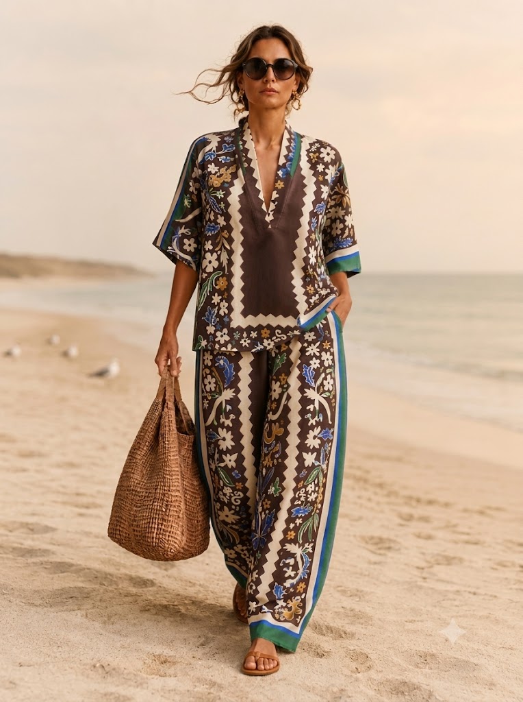 Women's Shirt Cotton Linen Sets Pants Sets Short Sleeve V Neck Floral Graphic Geometric Print Vacation Fashion Streetwear Casual Daily Outdoor Blue Red Brown Spring & Summer Loose Fit
