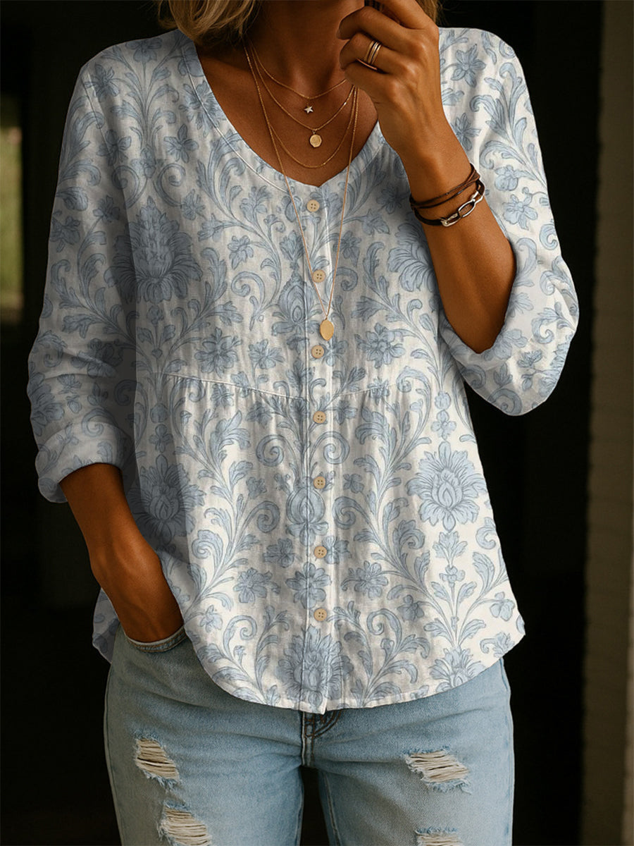 Women's Retro Flower Art Print Linen Cotton Shirt