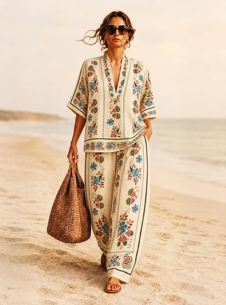 Women's Shirt Cotton Linen Sets Pants Sets Short Sleeve V Neck Floral Graphic Geometric Print Vacation Fashion Streetwear Casual Daily Outdoor Blue Red Brown Spring & Summer Loose Fit