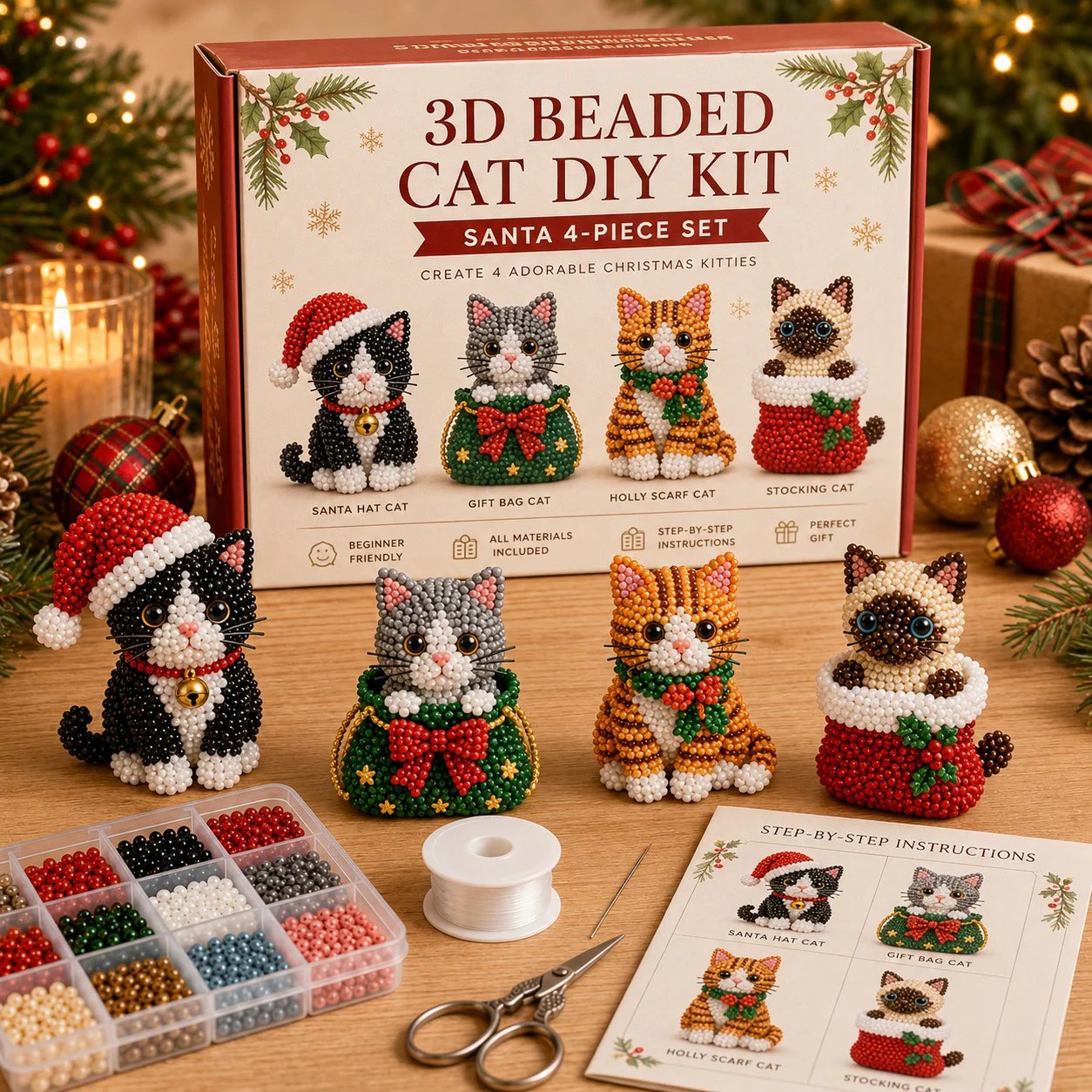 🐱✨ Create Your Own 3D Beaded Christmas Cats | Beginner-Friendly DIY Kit