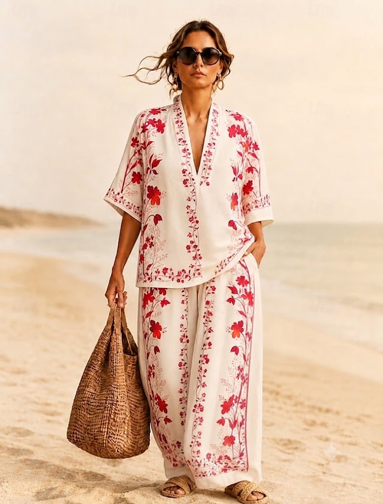 Women's Shirt Cotton Linen Sets Pants Sets Short Sleeve V Neck Floral Graphic Geometric Print Vacation Fashion Streetwear Casual Daily Outdoor Blue Red Brown Spring & Summer Loose Fit