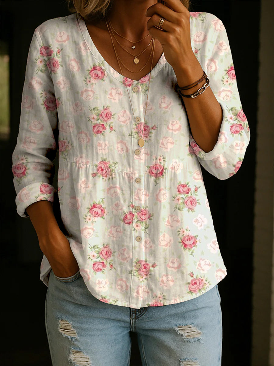 Women's Retro Flower Art Print Linen Cotton Shirt