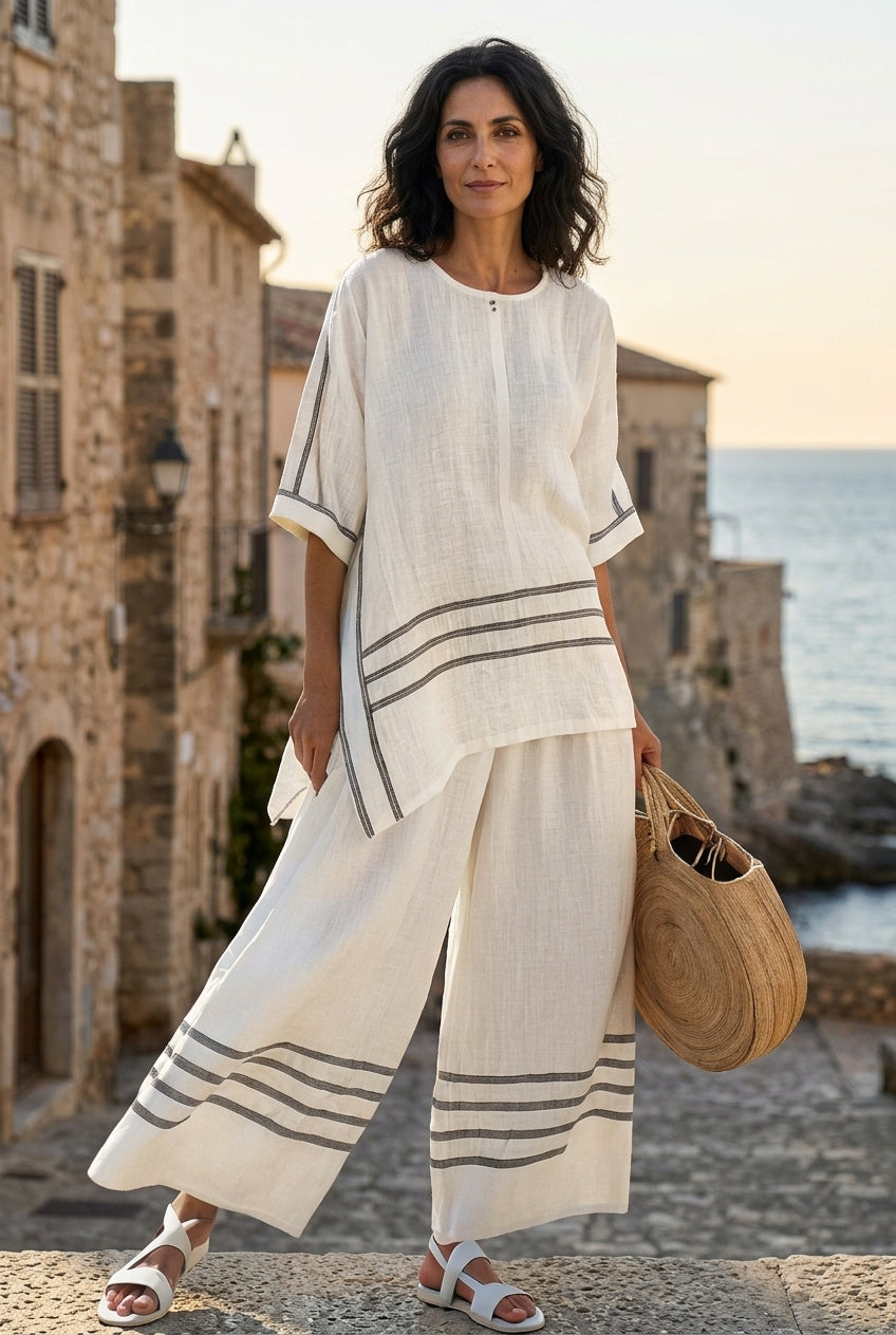 Completo Chic a Righe - Pantalone Largo e Blusa Asimmetrica per Donna