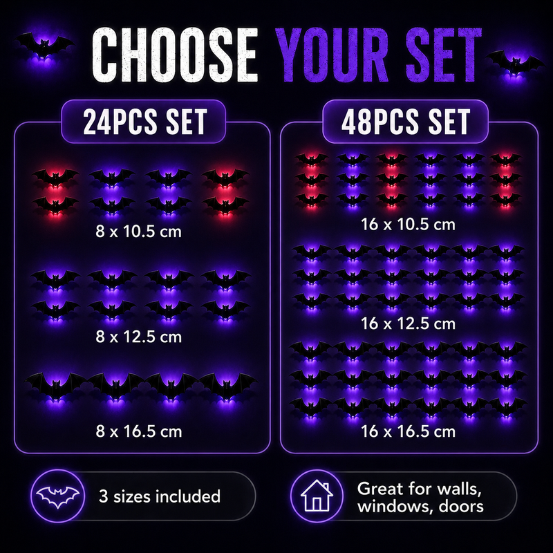 🔥 2026 Hot Sale 3D LED Bat Wall Decorations – 24PCS/48PCS Light-Up Halloween Decor for Walls, Windows & Parties