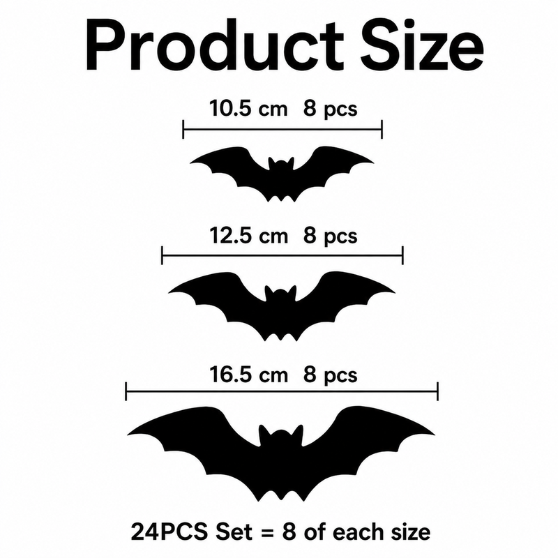 24PCS bat set size chart: 8 pieces each in 10.5 cm, 12.5 cm, and 16.5 cm