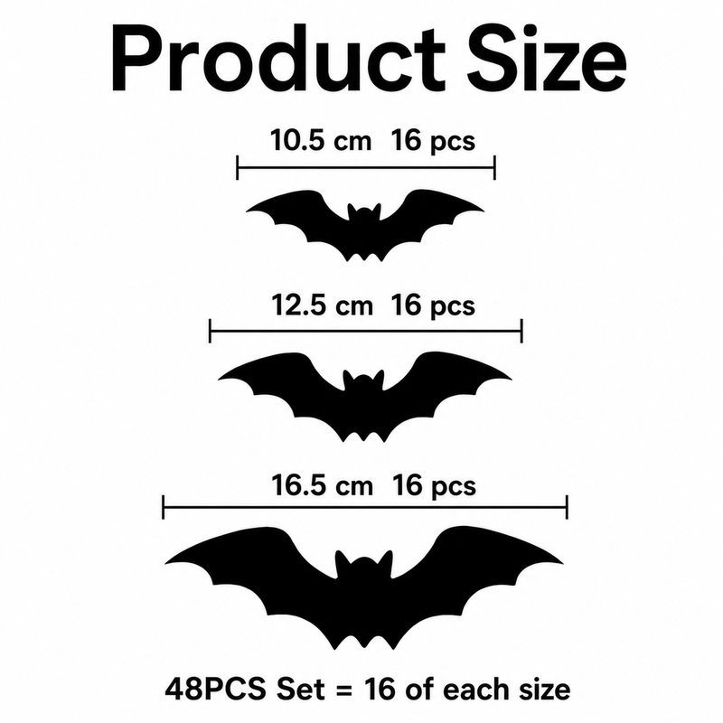 48PCS bat set size chart: 16 pieces each in 10.5 cm, 12.5 cm, and 16.5 cm