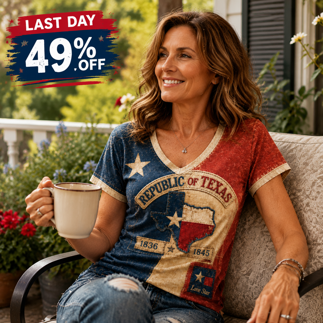 🔥LAST DAY 49% OFF -🤩Women's "Lone Star Legacy" Texas Republic V-Neck Printed T-Shirt