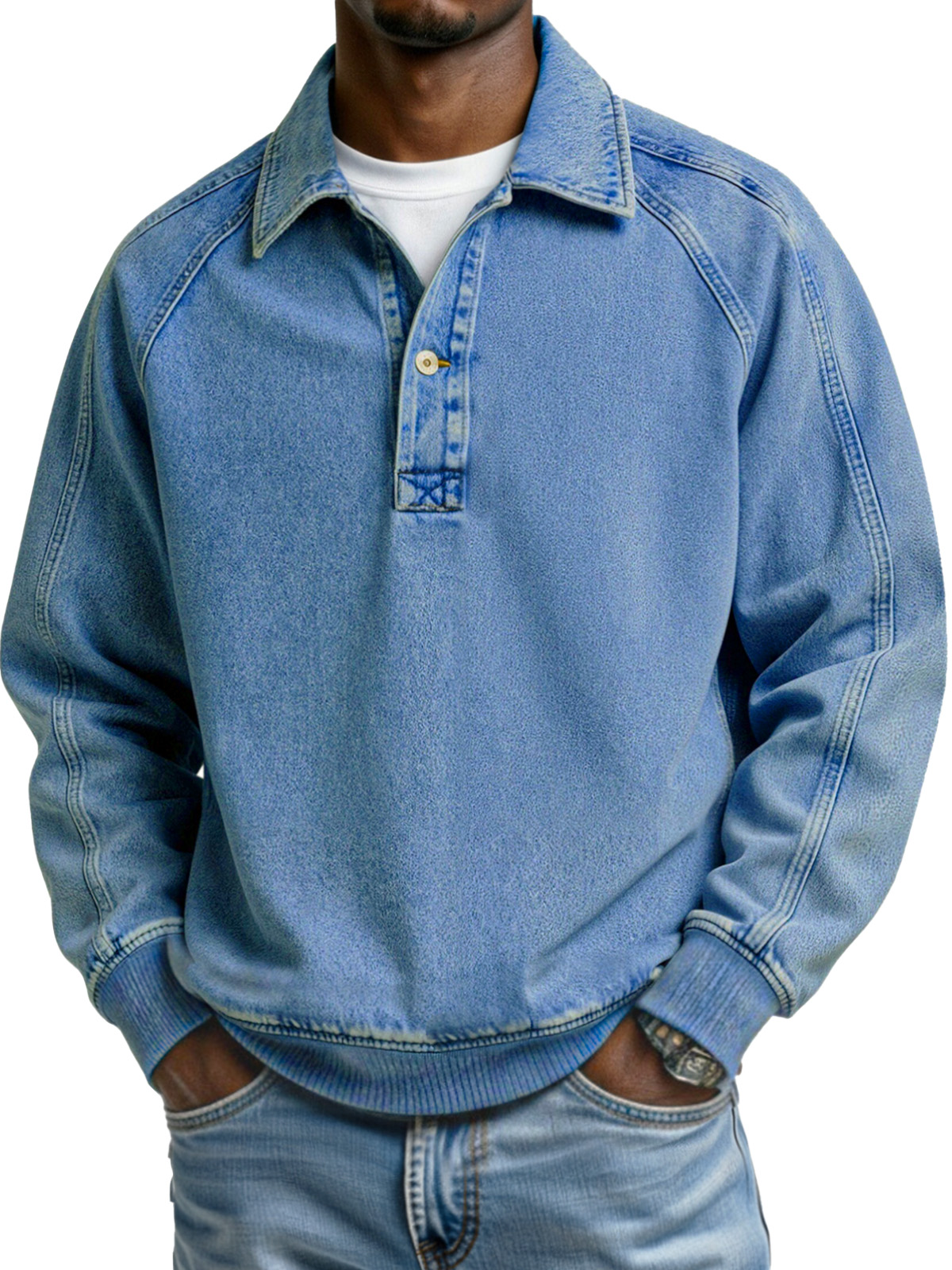 Retro Solid Color Patchwork Design Button Lapel Long-sleeved Polo Shirt