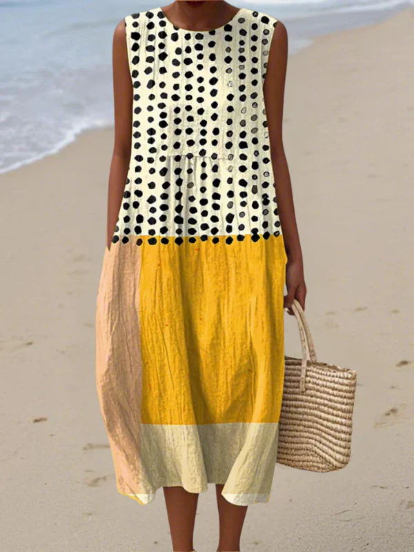 Women's Vintage Abstract Geometry Art Print Sleeveless Cotton Pocket Wrap Dress