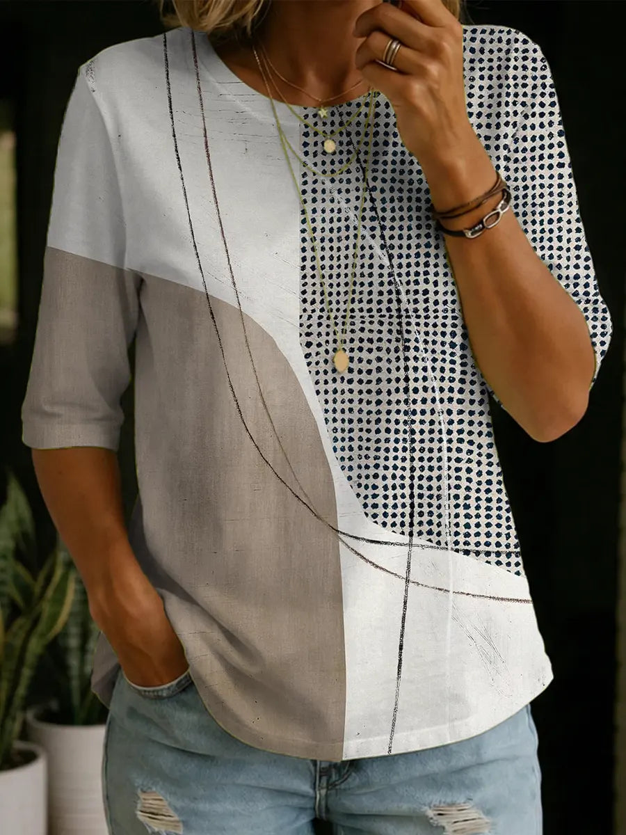 Women's Abstract Pattern Art Print Casual Cotton Round Collar Shirt