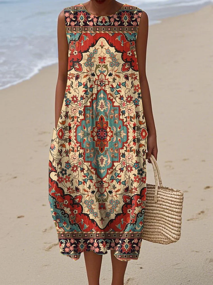 Women's Vintage Abstract Geometry Art Print Sleeveless Cotton Pocket Wrap Dress