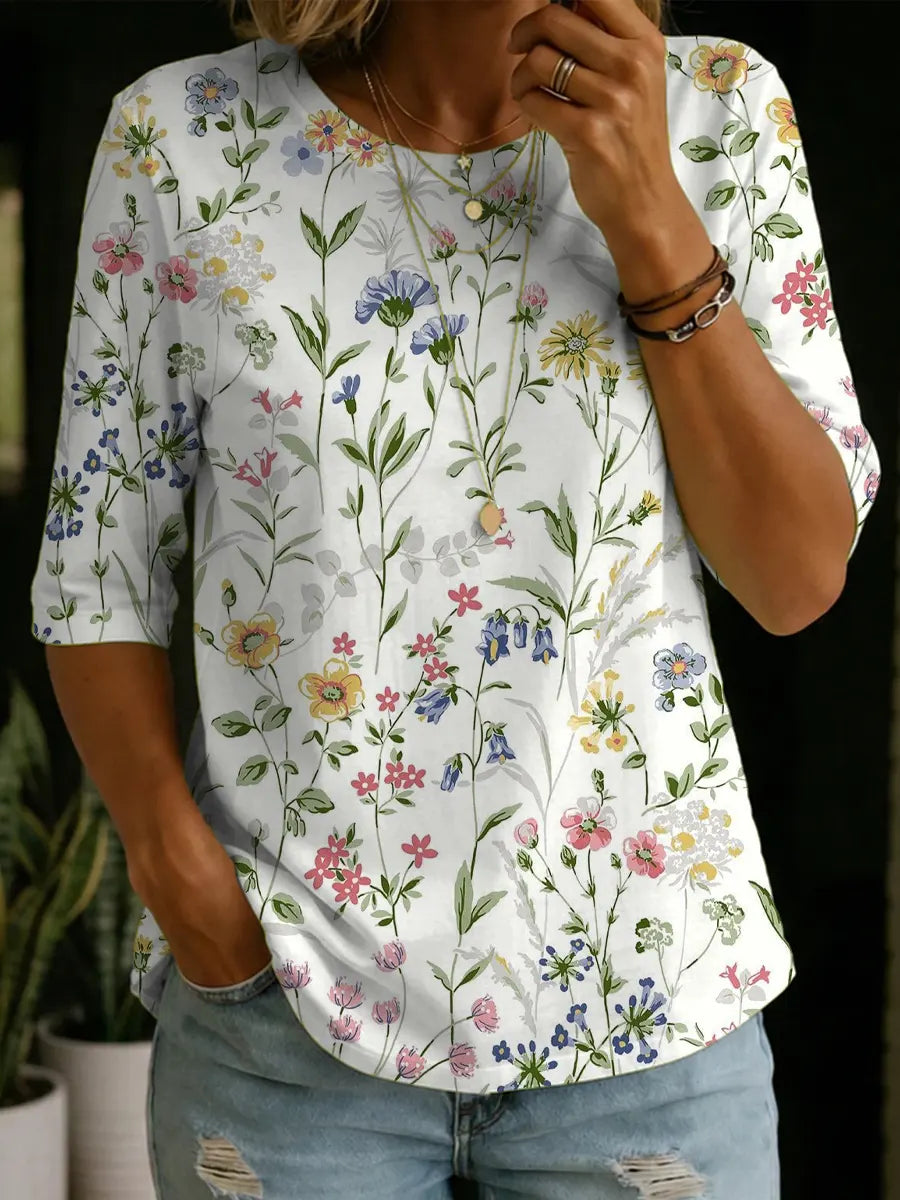 Women's Abstract Pattern Art Print Casual Cotton Round Collar Shirt