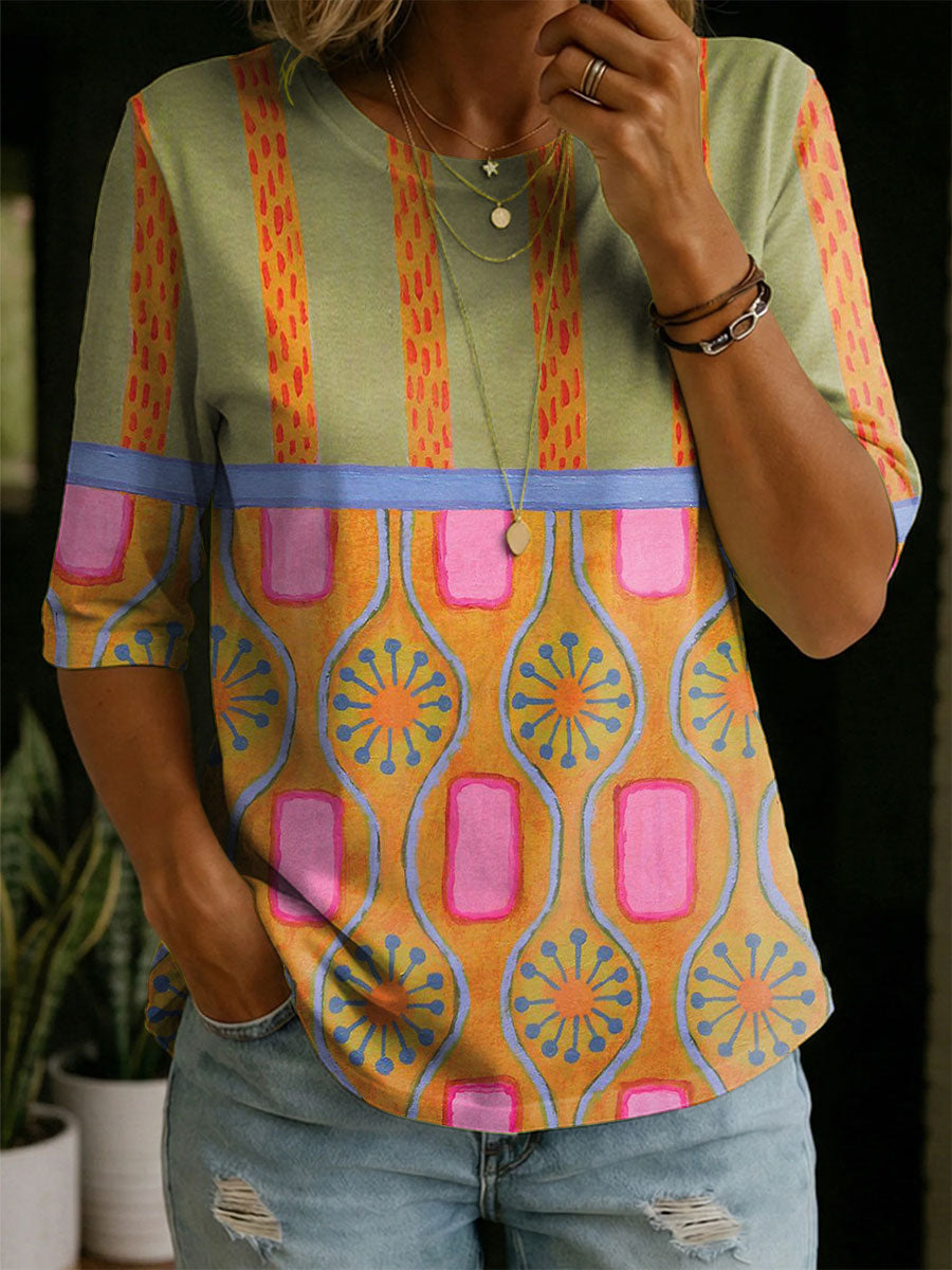 Women's Abstract Pattern Art Print Casual Cotton Round Collar Shirt