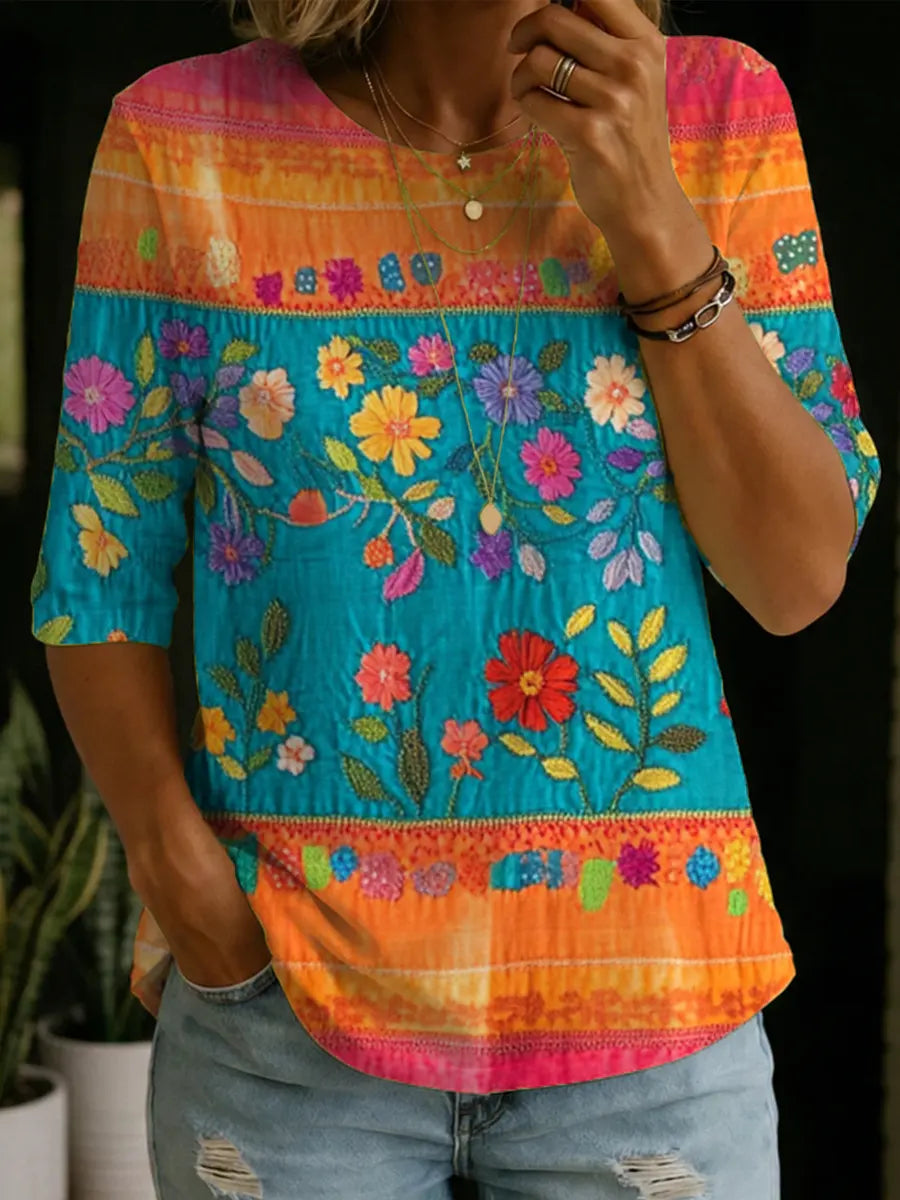 Women's Abstract Pattern Art Print Casual Cotton Round Collar Shirt