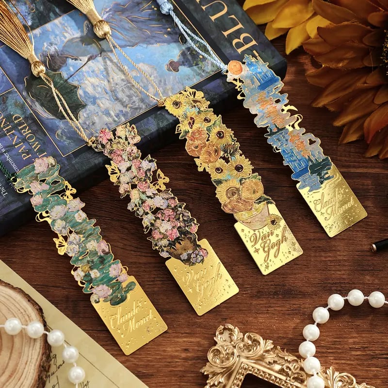 📚✨8-Piece Gold Metal Bookmark Set with Tassel – Van Gogh & Monet Inspired Gift for Book Lovers 🎨