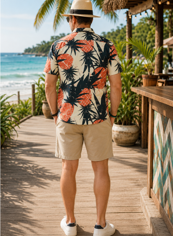 Men Tropical Plant Print Camp Collar Short Sleeve Hawaiian Shirt