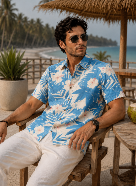 Men Tropical Plant Print Camp Collar Short Sleeve Hawaiian Shirt