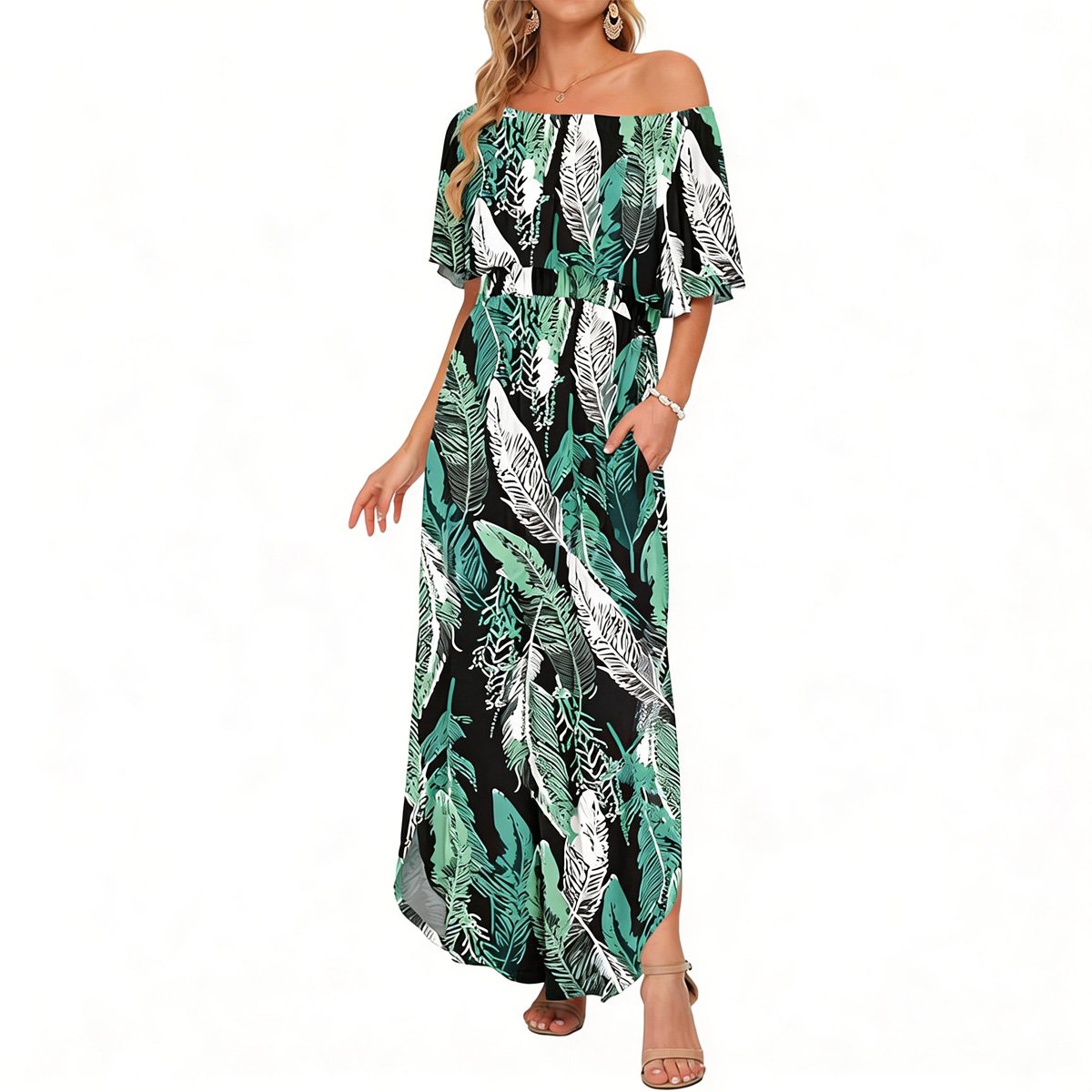 🔥LAST DAY 49% OFF - 🔥Women's Off The Shoulder Dress Wedding Guest Dress Summer Casual Long Ruffle Party Side Split Beach Maxi Dresses