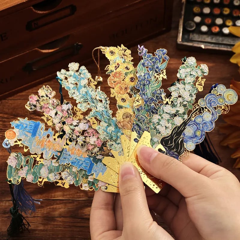 📚✨8-Piece Gold Metal Bookmark Set with Tassel – Van Gogh & Monet Inspired Gift for Book Lovers 🎨