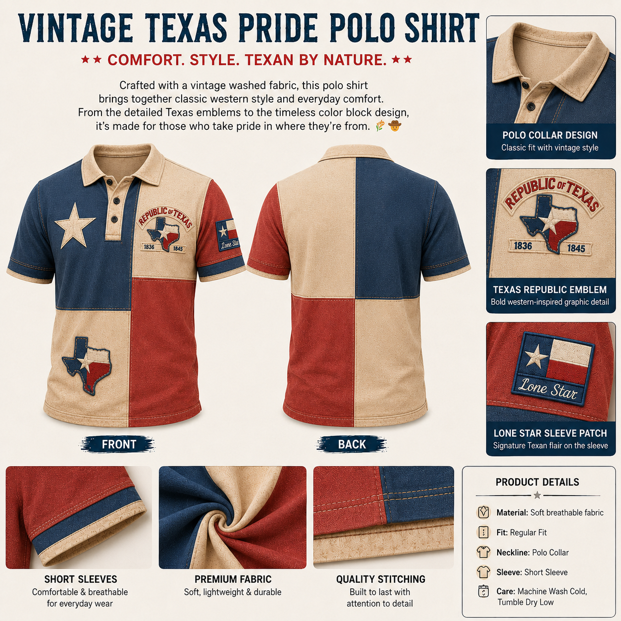 🔥LAST DAY 49% OFF -🤩Men's Vintage Print Casual Polo Shirt – Celebrate Texas Pride in Style