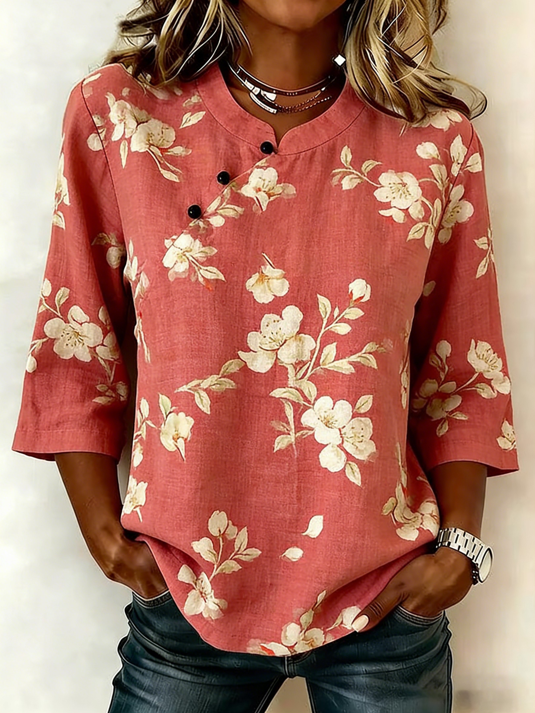 Women's Casual embroidered cotton and linen top