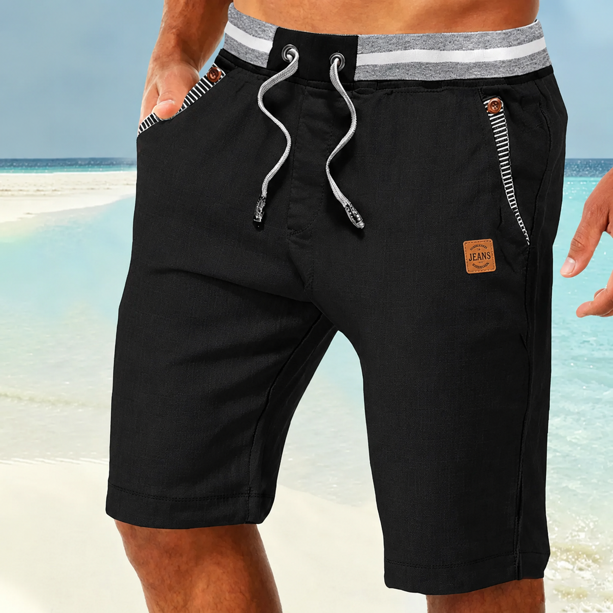Men Striped Elastic Waist Drawstring Linen Blend Casual Beach Shorts With Stripe Pocket Trim