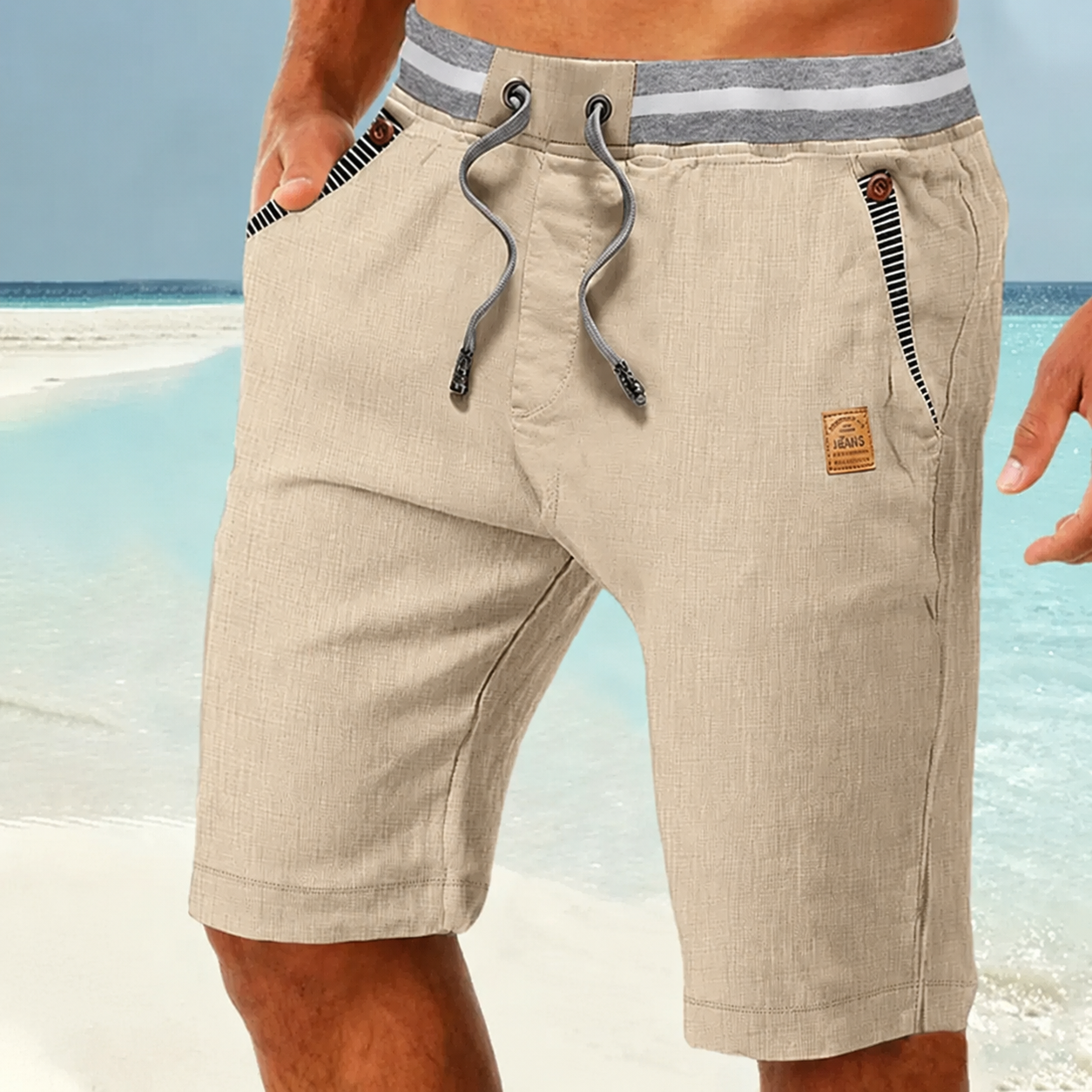 Men Striped Elastic Waist Drawstring Linen Blend Casual Beach Shorts With Stripe Pocket Trim
