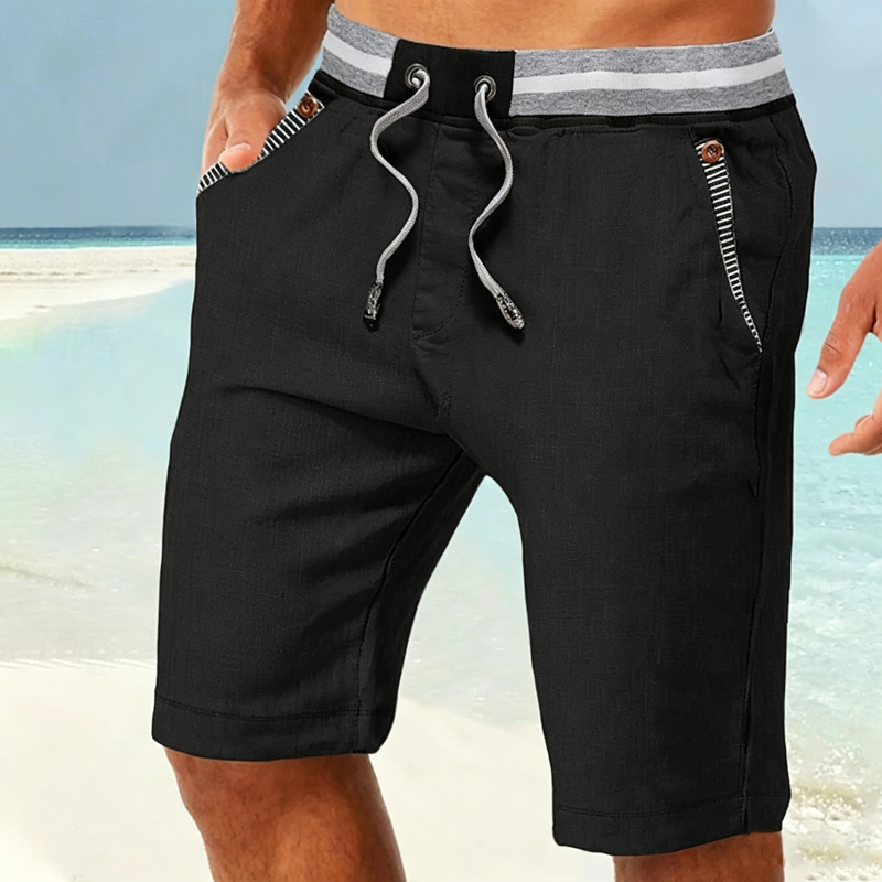 Men Striped Elastic Waist Drawstring Linen Blend Casual Beach Shorts With Stripe Pocket Trim