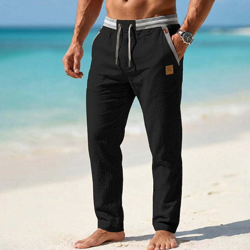 Men Striped Elastic Waist Drawstring Linen Blend Ankle Length Casual Pants
