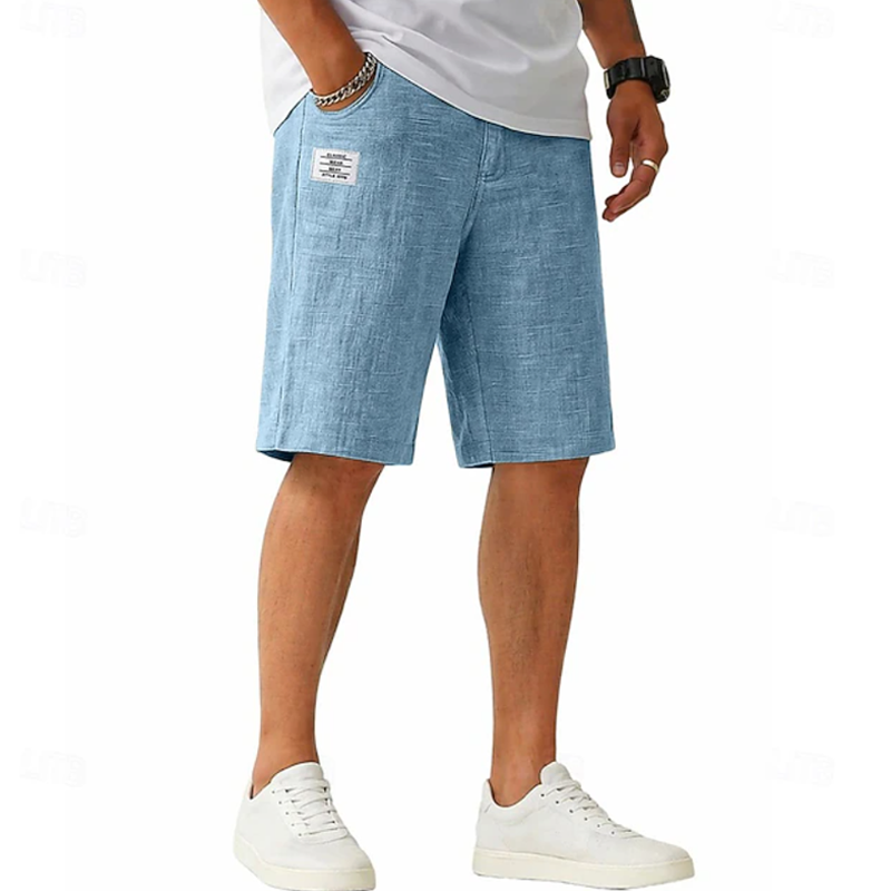 Men Linen Blend Textured Straight Leg Label Decor Casual Five Inch Shorts