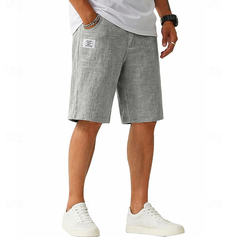 Men Linen Blend Textured Straight Leg Label Decor Casual Five Inch Shorts