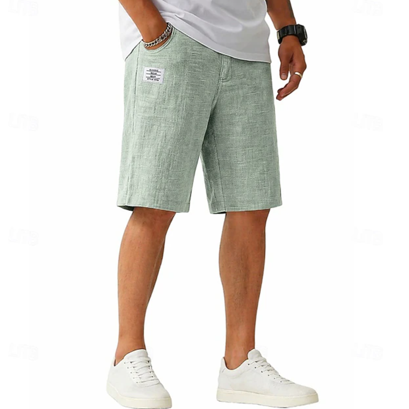 Men Linen Blend Textured Straight Leg Label Decor Casual Five Inch Shorts