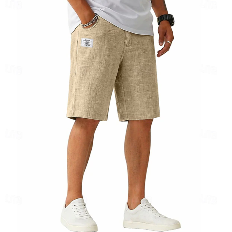 Men Linen Blend Textured Straight Leg Label Decor Casual Five Inch Shorts