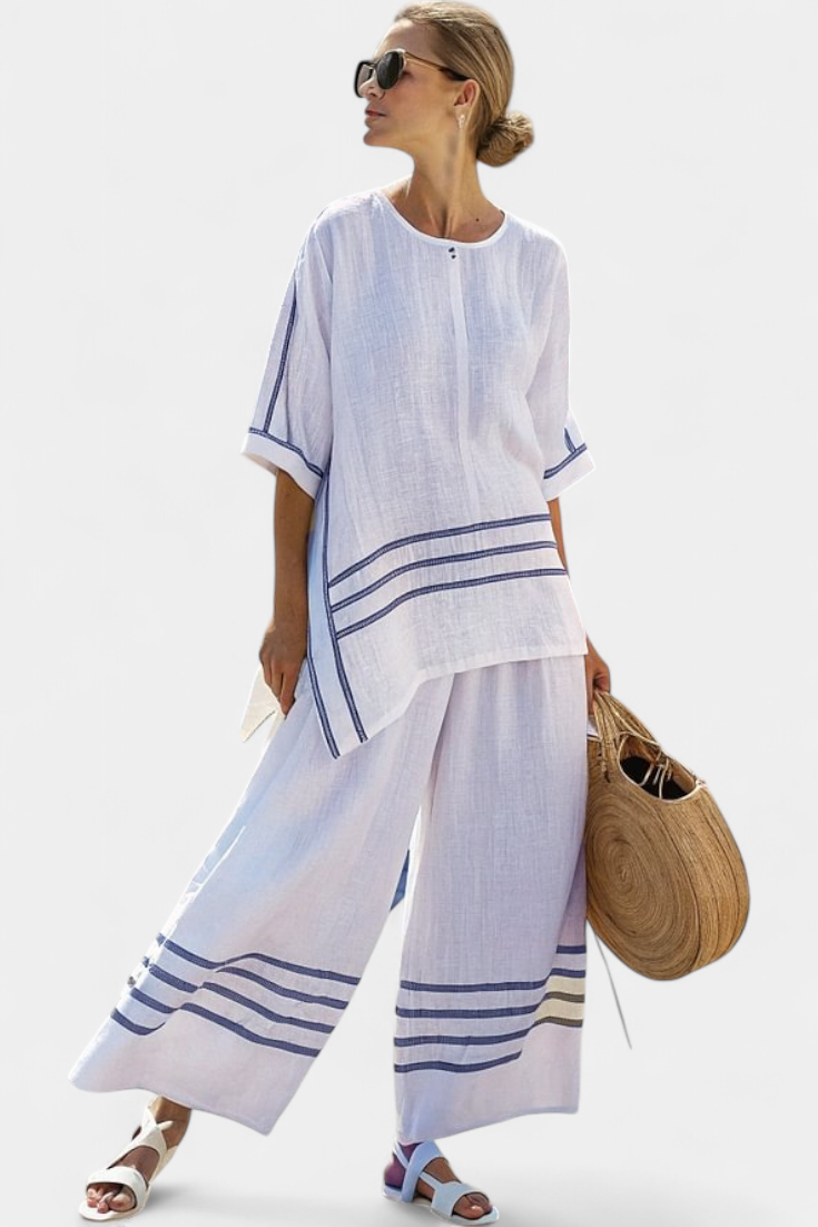 Completo Chic a Righe - Pantalone Largo e Blusa Asimmetrica per Donna