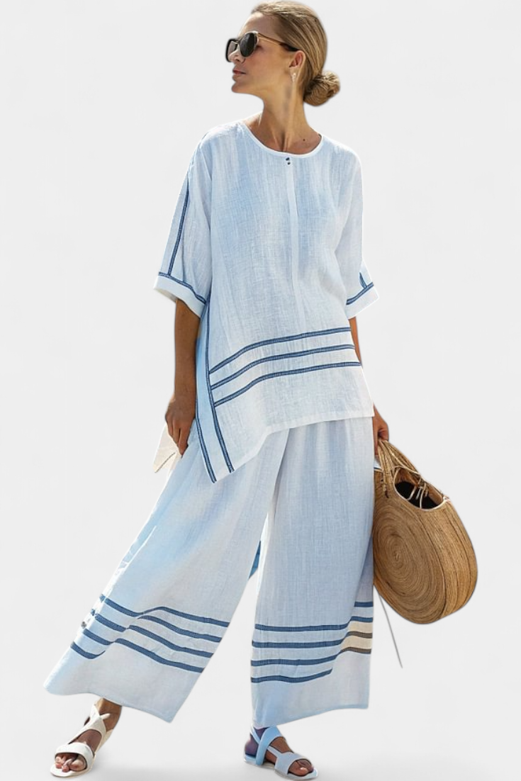 Completo Chic a Righe - Pantalone Largo e Blusa Asimmetrica per Donna