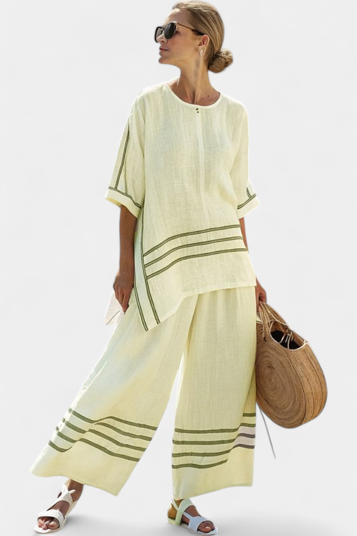Completo Chic a Righe - Pantalone Largo e Blusa Asimmetrica per Donna
